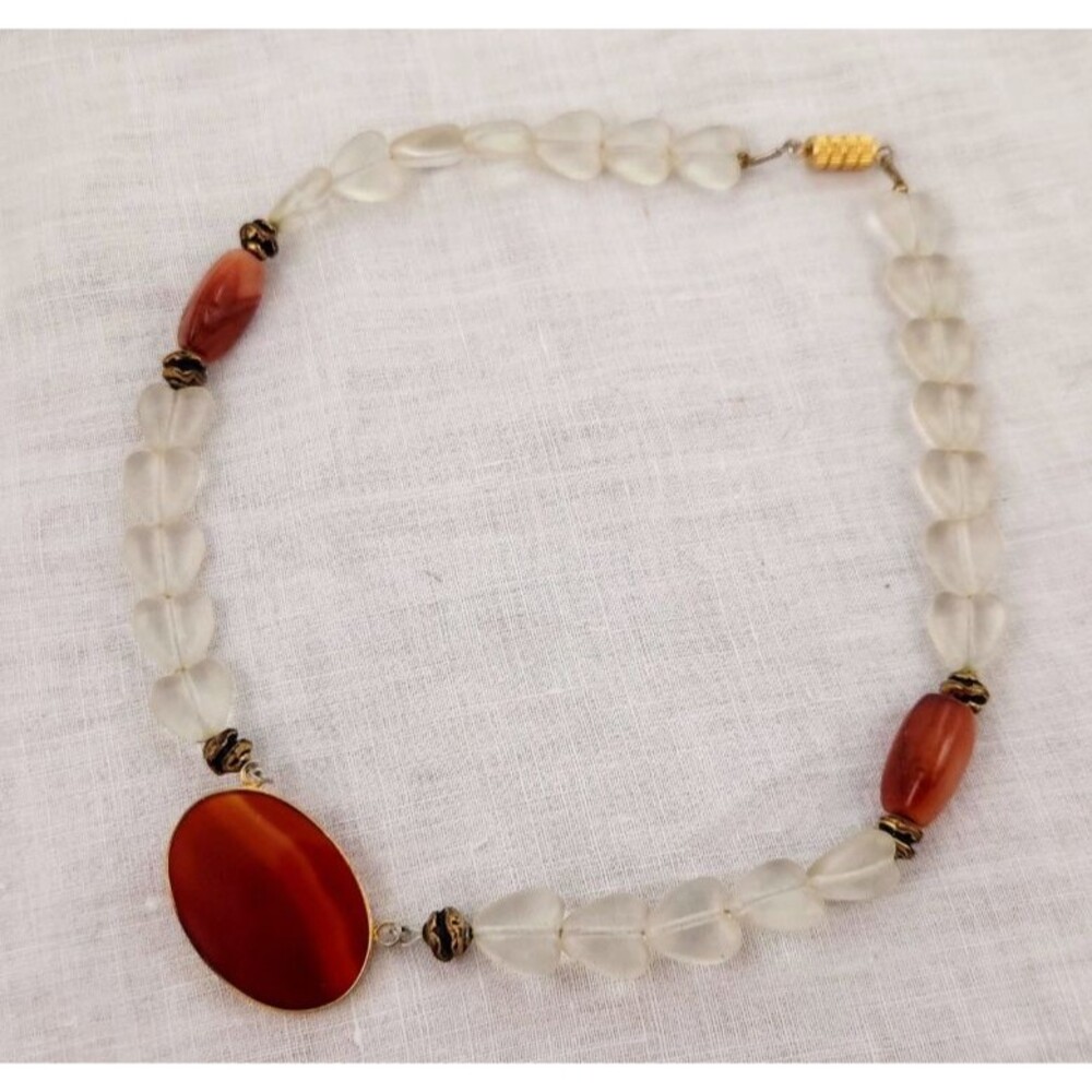 Vintage Carnelian Agate Frosted Glass Heart Choker Necklace Asymmetric Oval